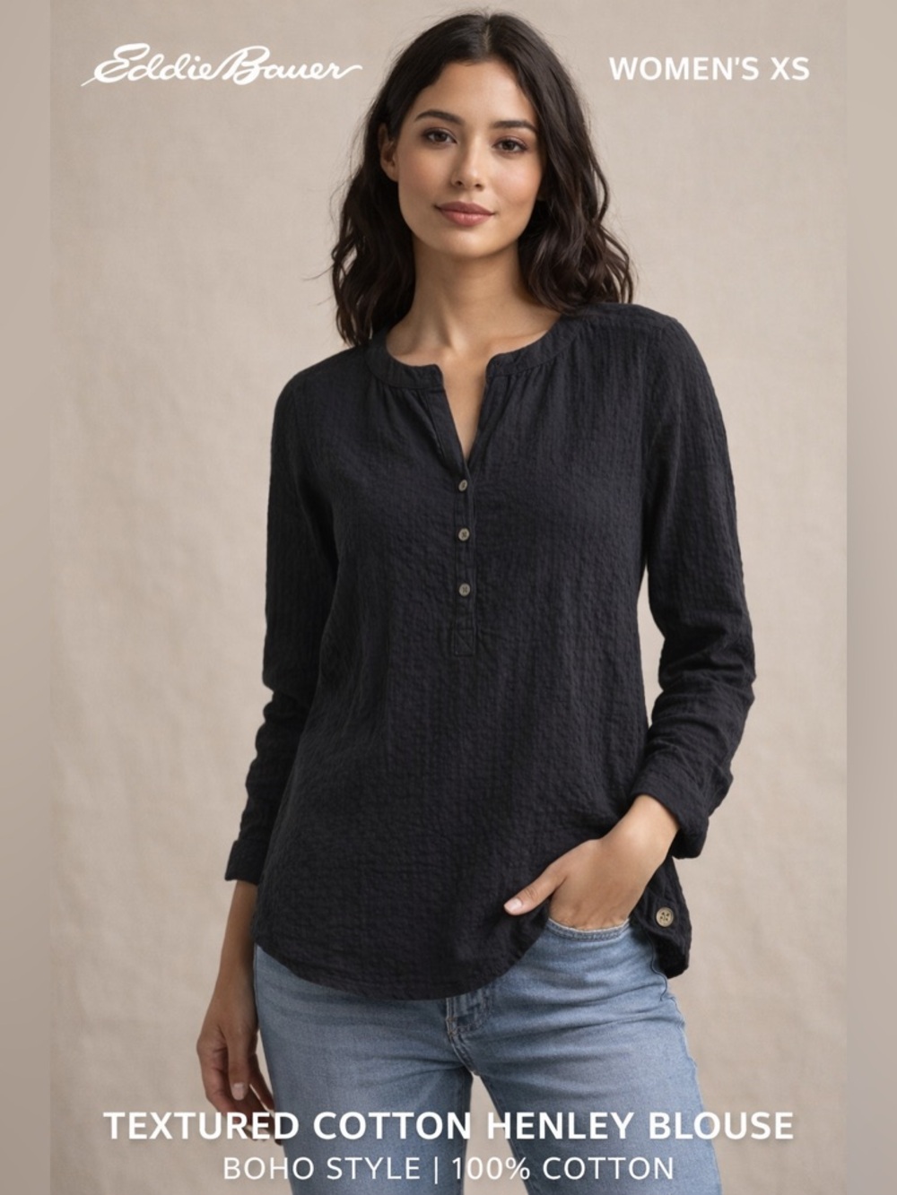 Eddie Bauer Textured Cotton Henley Blouse Women’s XS Black Long Sleeve Boho